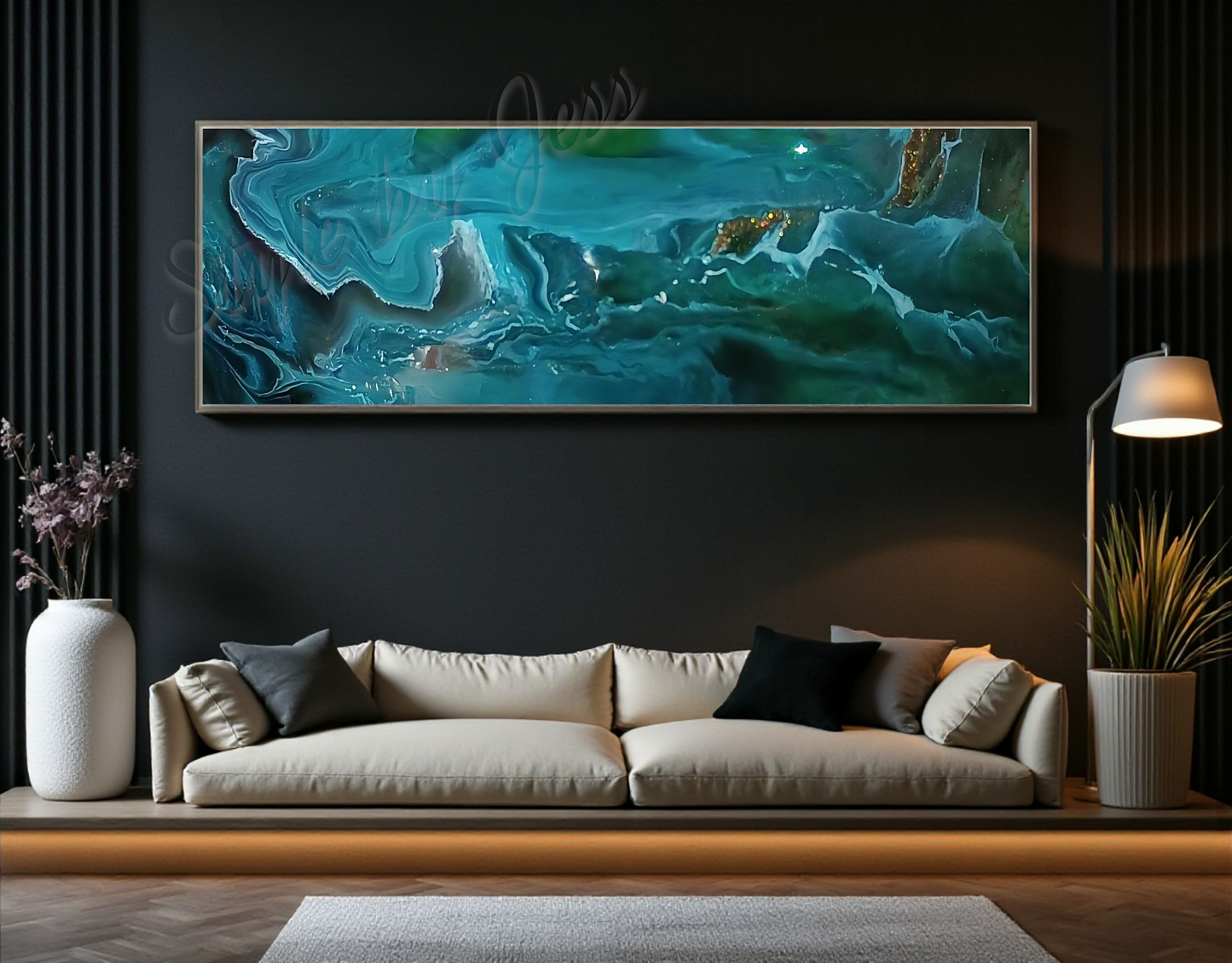 Living room with a large abstract painting above a beige sofa.