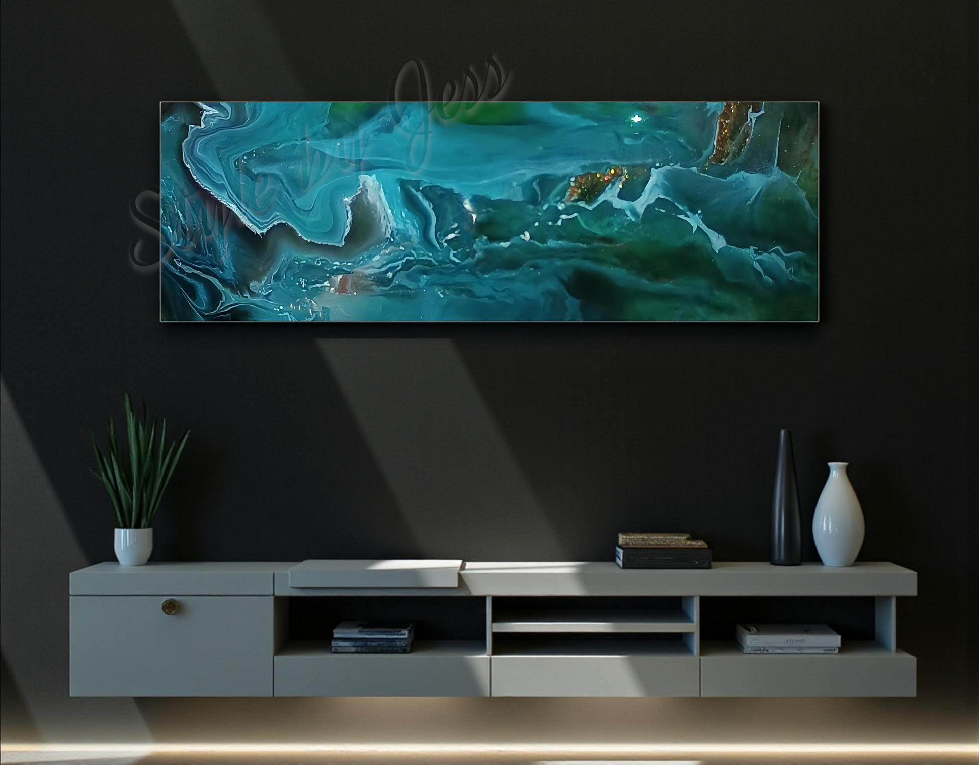 Panoramic abstract artwork on a dark wall above a modern entertainment console.