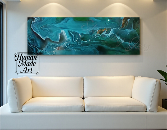 White sofa in front of a large abstract painting on a wall with 'Human Made Art' sign a Style By Jess.
