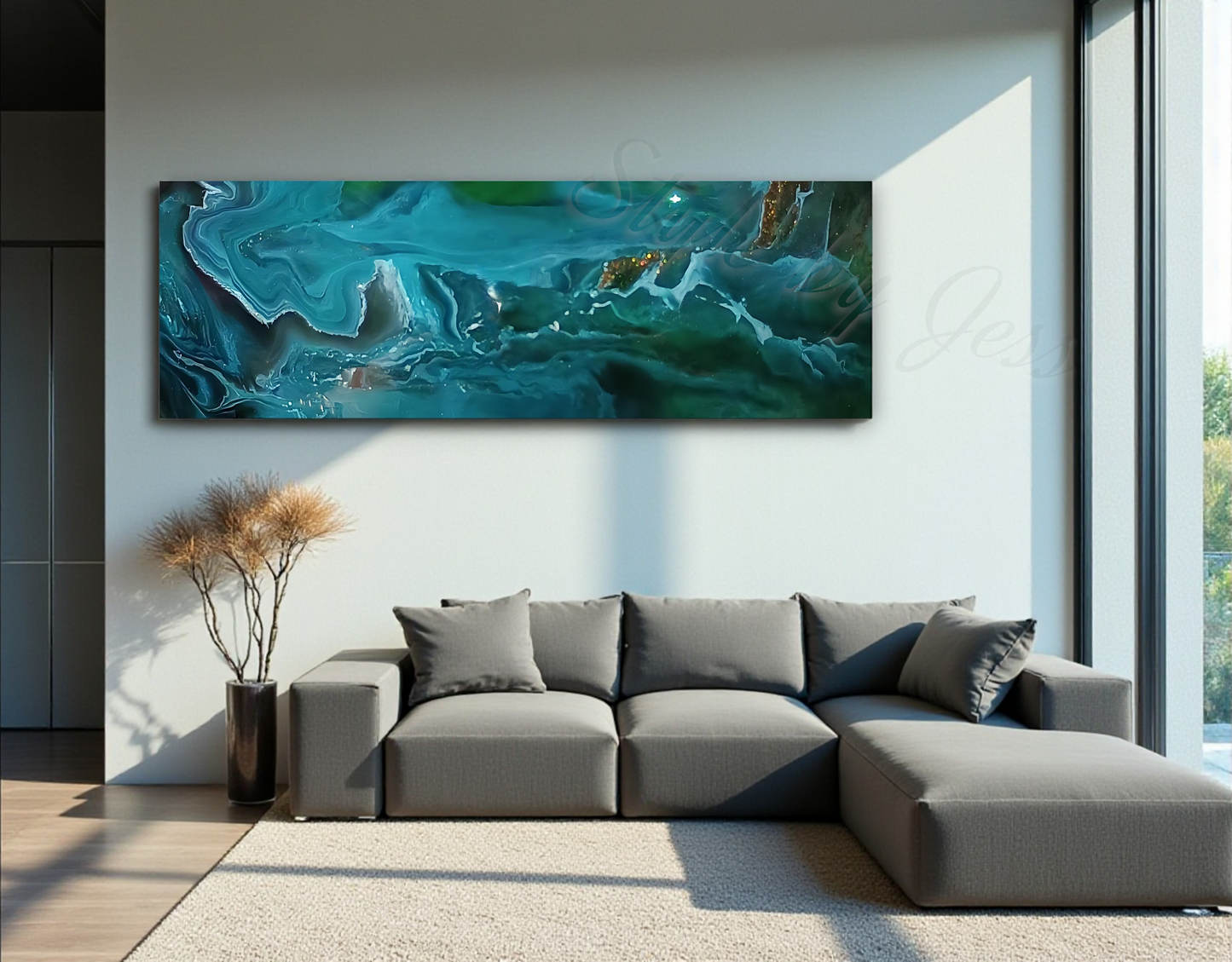 Modern living room with a large abstract painting on the wall above a gray sectional sofa.