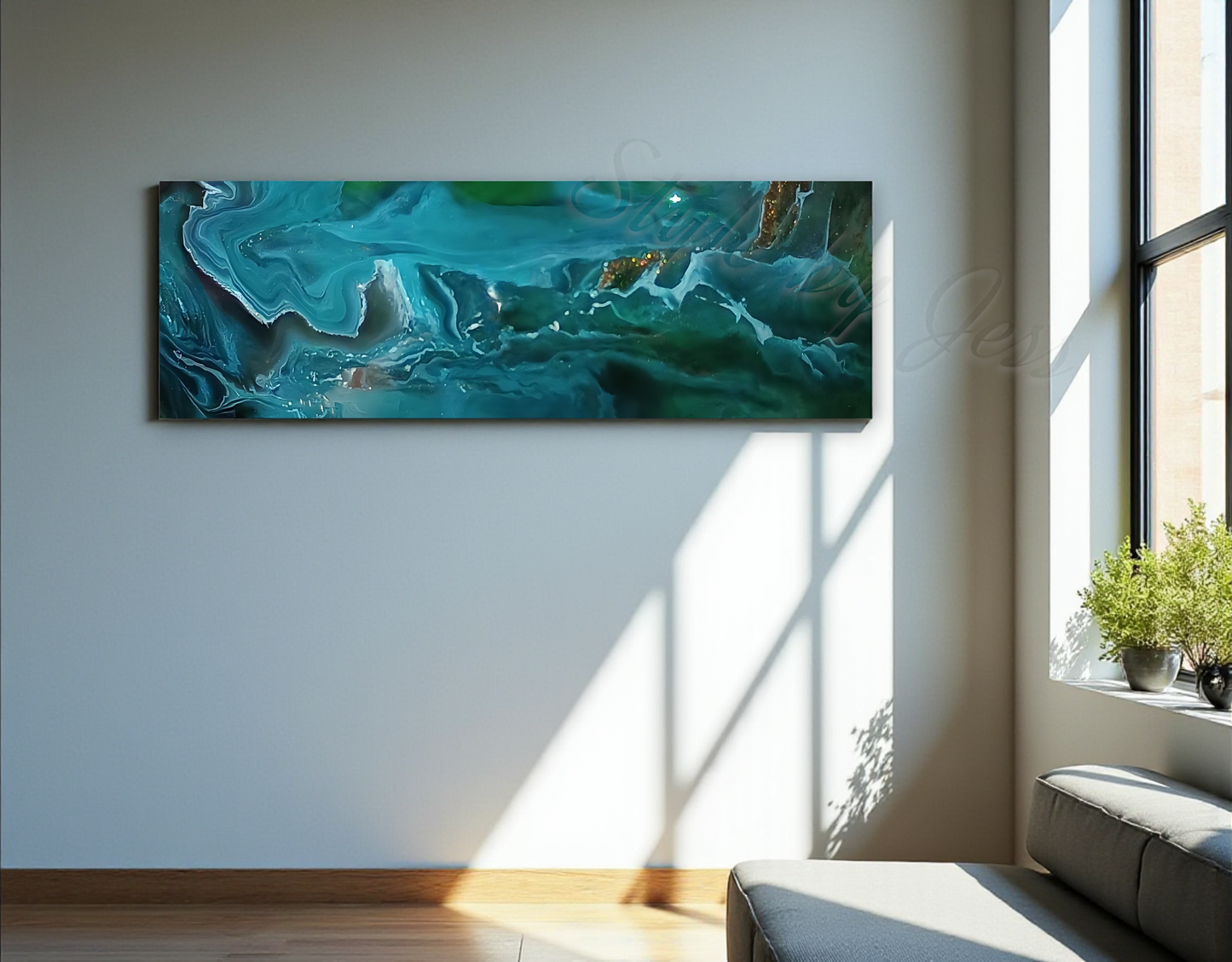 Abstract teal painting on a wall in a bright room with a window and plants.