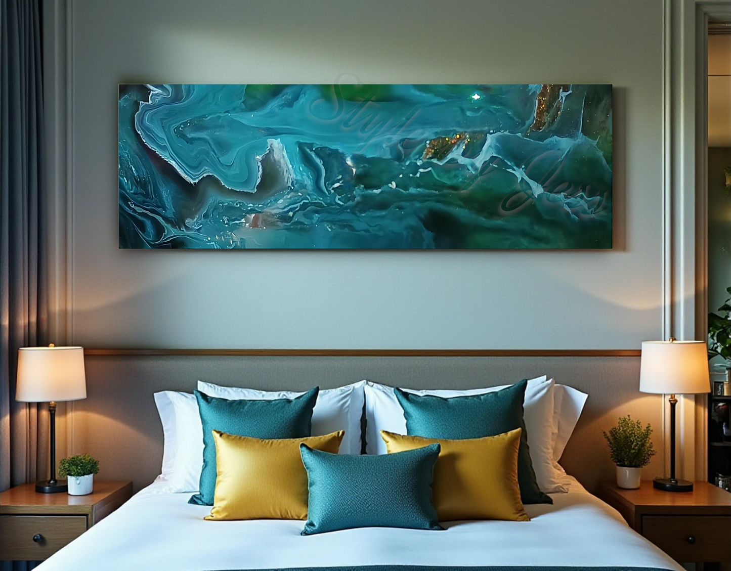 Bedroom with abstract teal painting above the bed Style By Jess