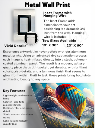 Metal Wall Print Specification Sheet on inset frame with hanging wire, size options and an image of the side view of the metal print example.