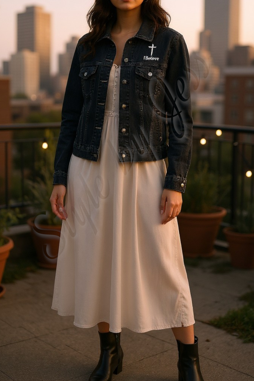 Person wearing a denim jacket with a cross and text, standing on a rooftop with cityscape in the background.