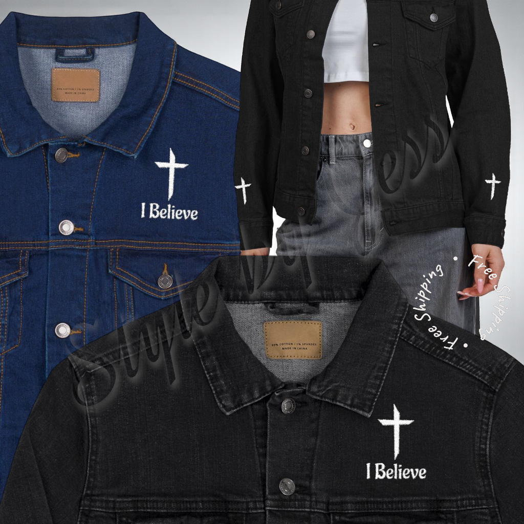 Three denim jackets with 'I Believe' text and cross symbols on a gray background.