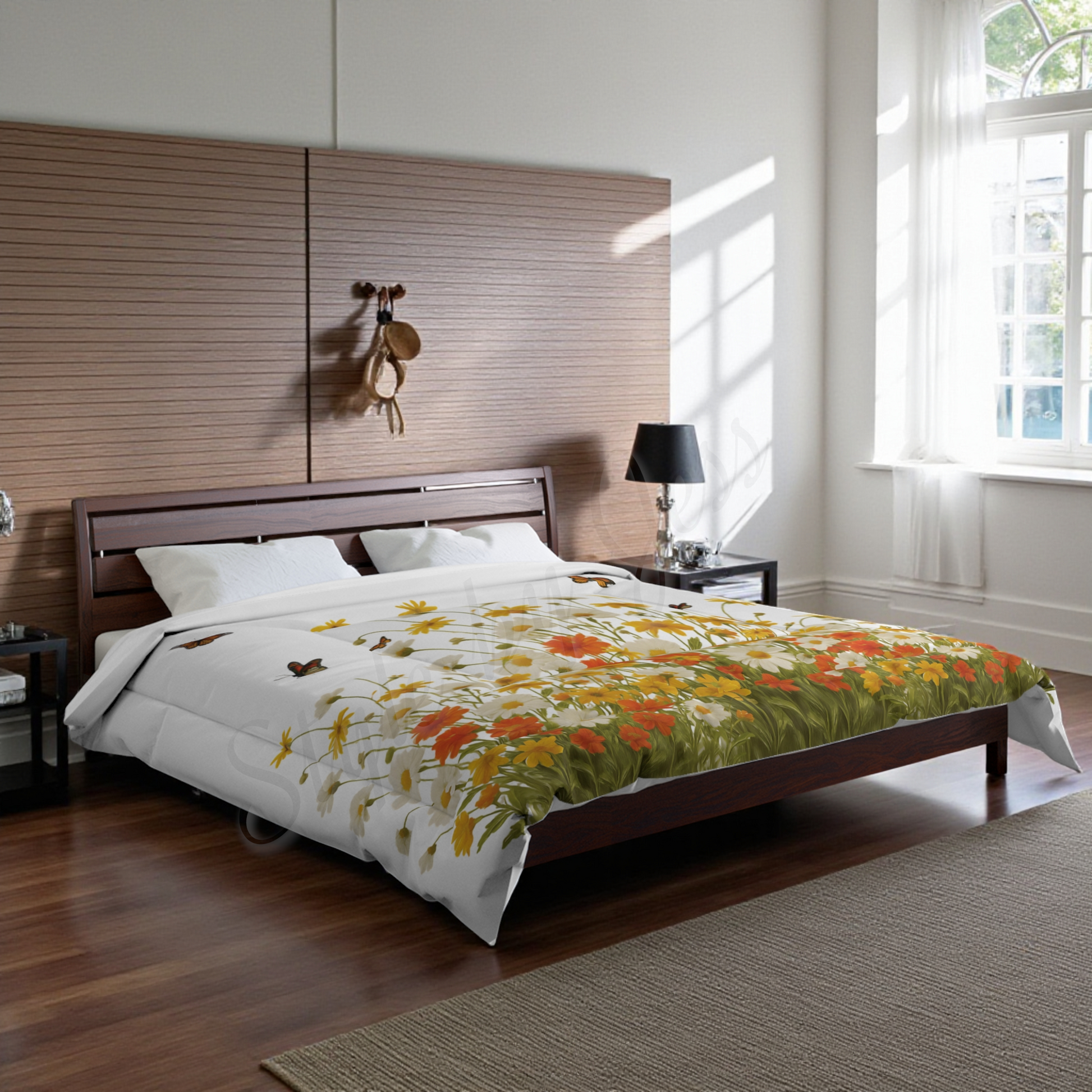 Bedroom with floral comforter on a bed, wooden headboard, and window.