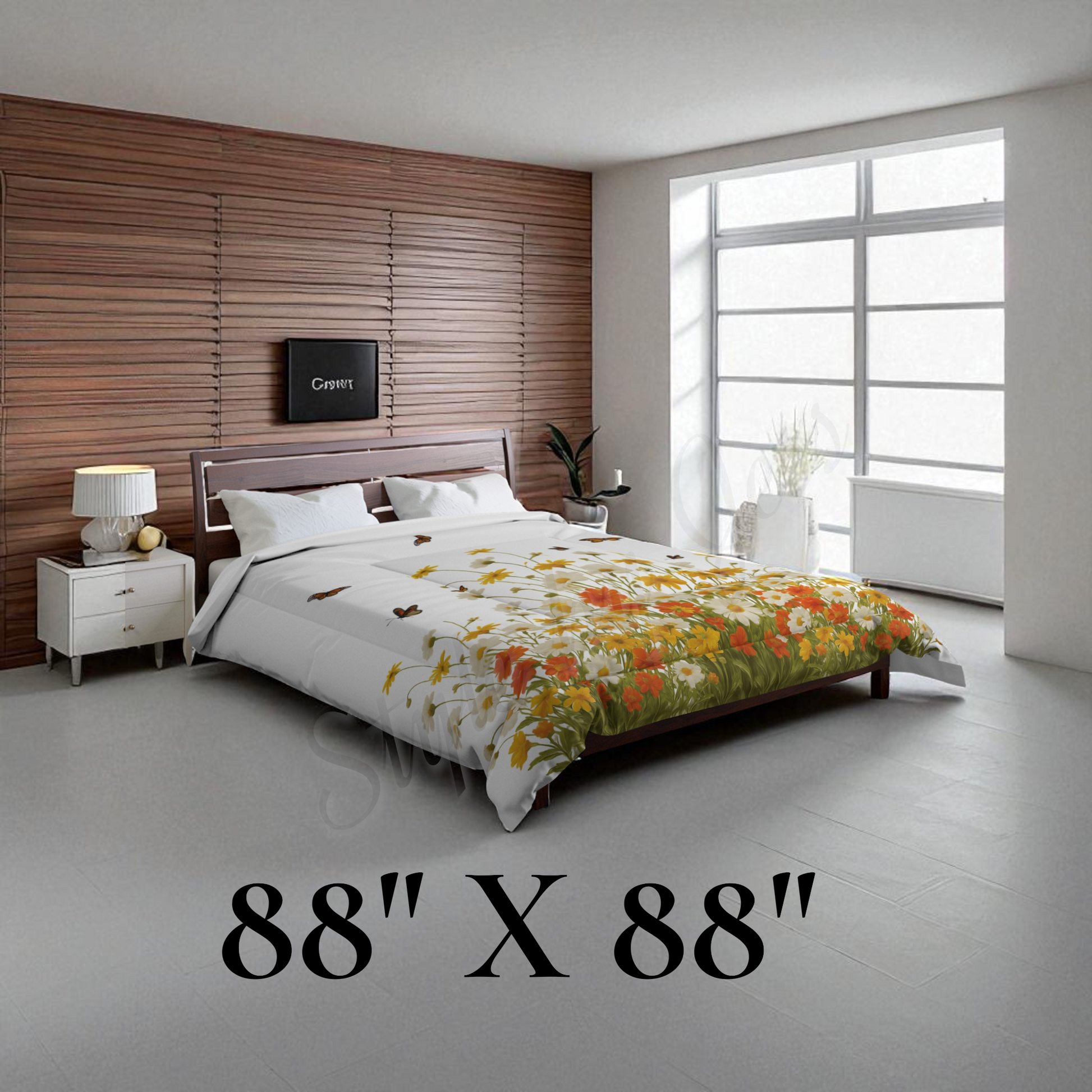 Modern bedroom with a bed and floral comforter on a queen size bed, featuring a large window and wooden wall.