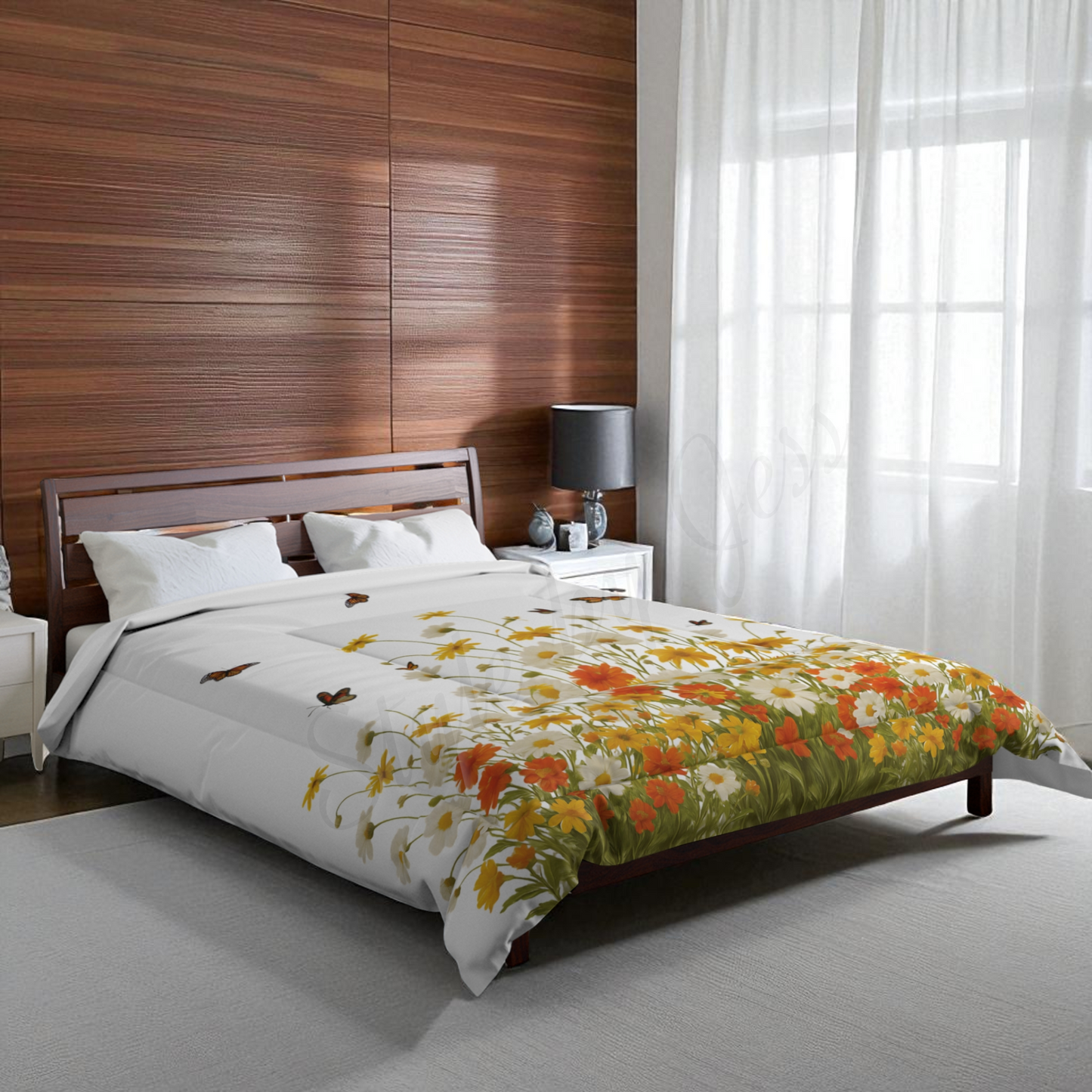 Bed with floral comforter in a modern bedroom setting a Style By Jess