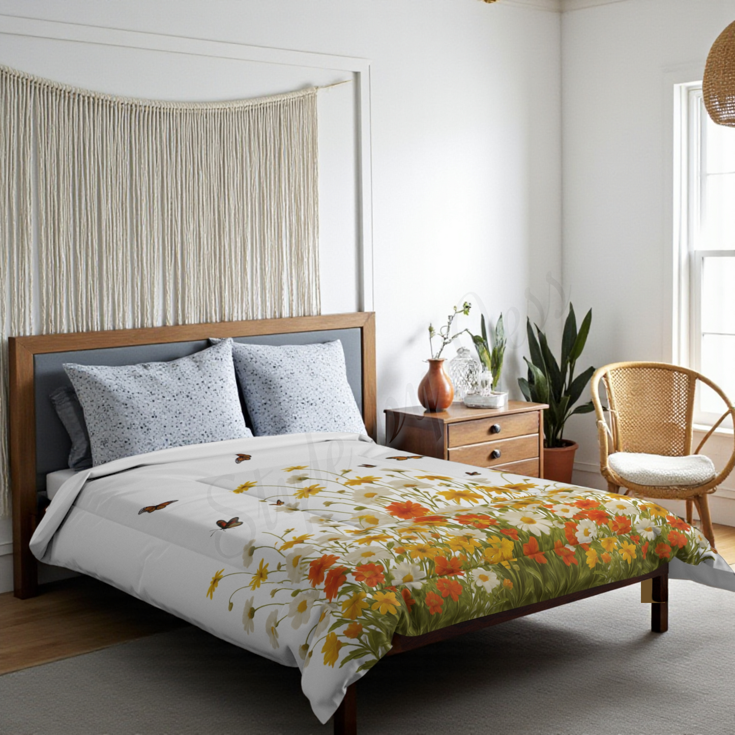 Bedroom with floral comforter with butterflies and dragon flies, wooden headboard, and wicker chair.