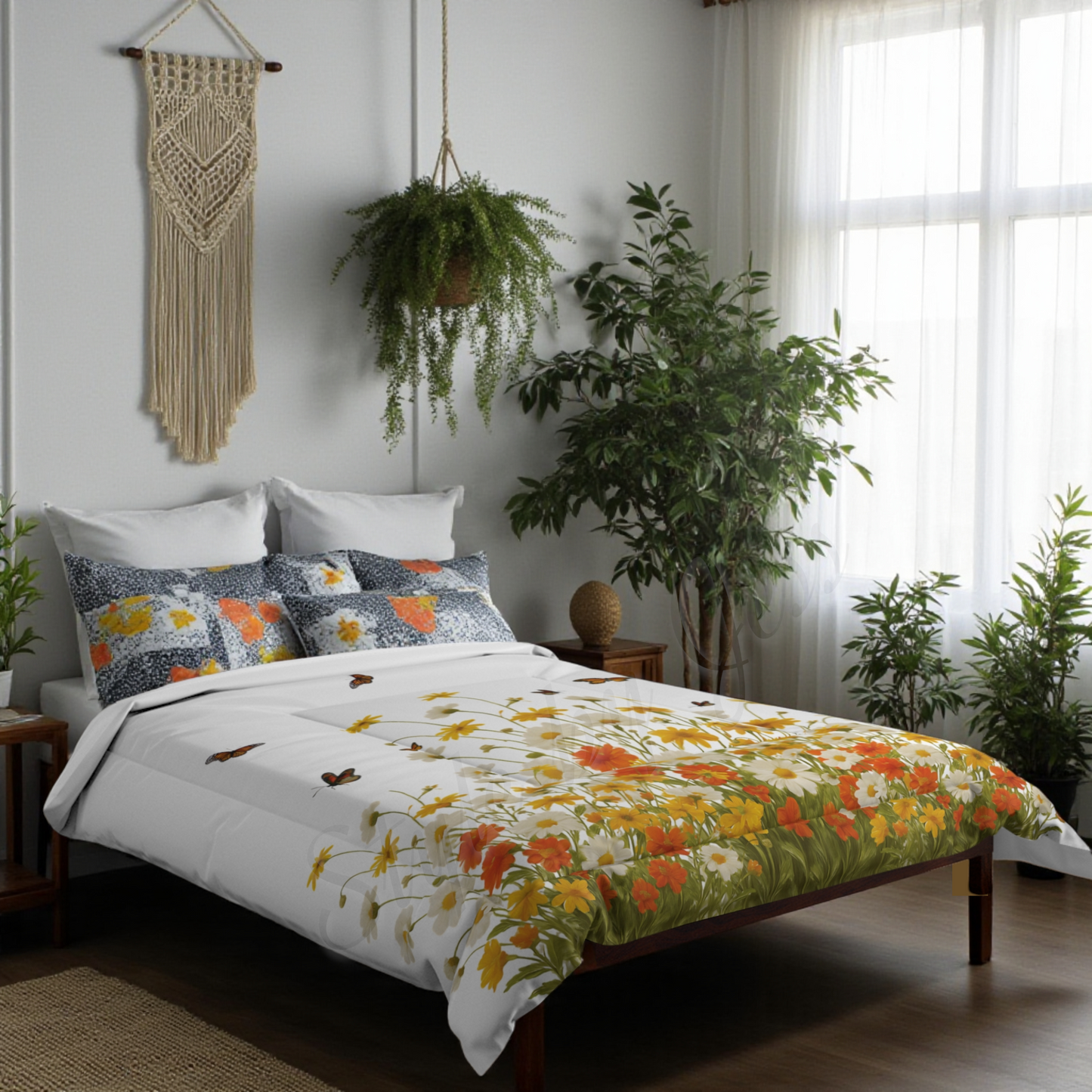 Bedroom with floral comforter, plants, and wall decor in boho style home decor.