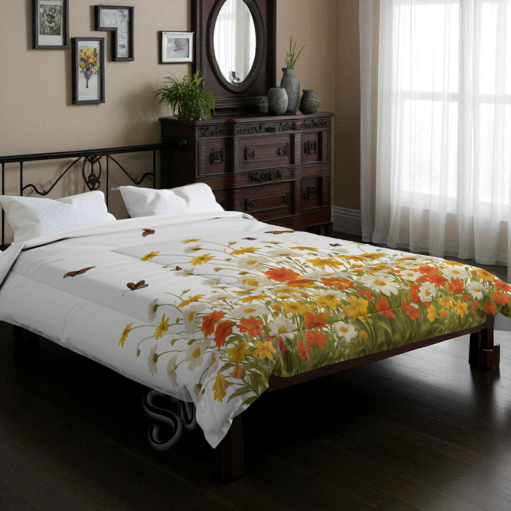 Floral comforter with wildflowers on a bed in a bedroom setting with a dresser and mirror.