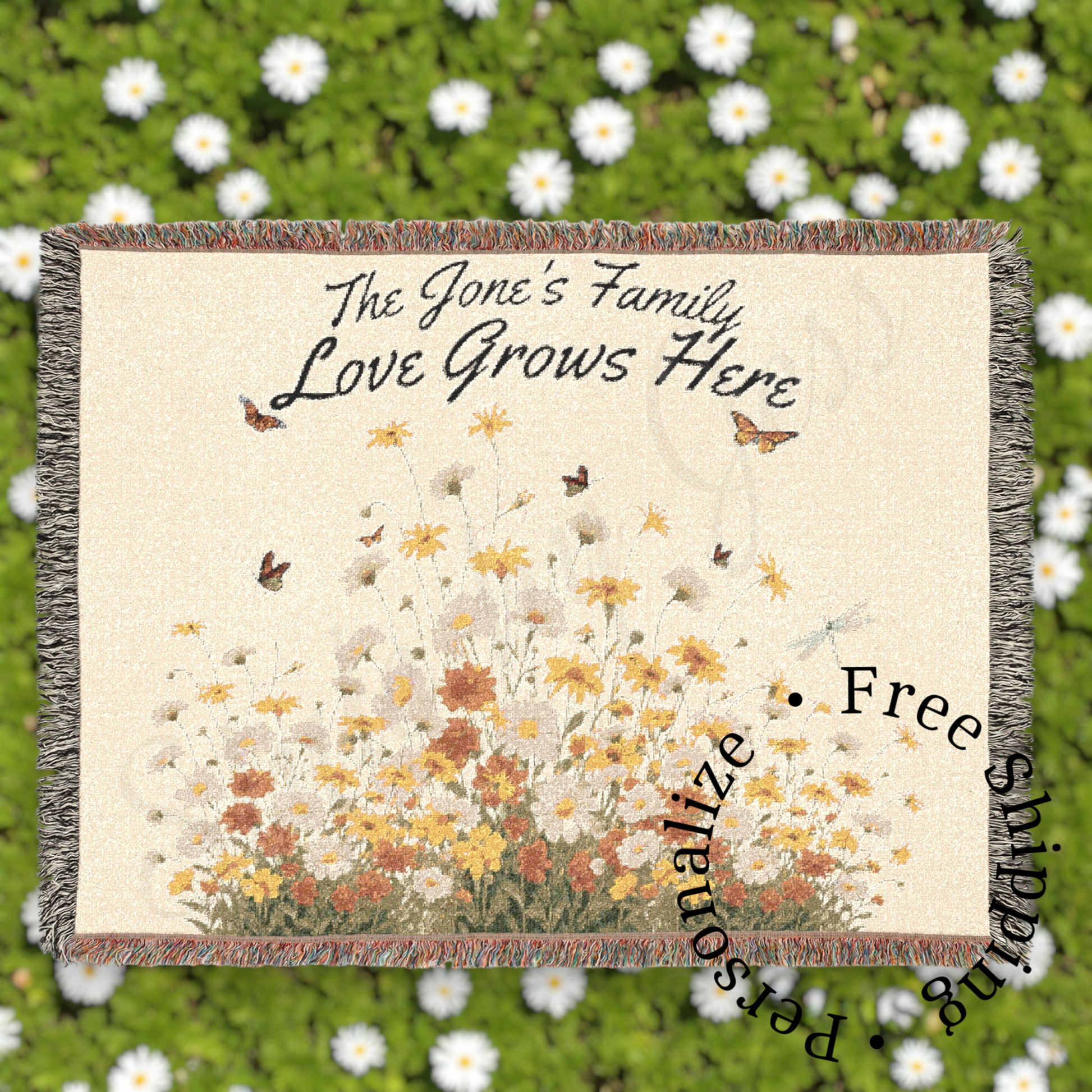 Personalized blanket with floral design and text on a grassy background boho home decor throw blanket