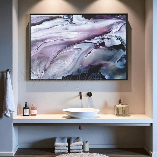 Bathroom with a sink, abstract painting on the wall, and various items.