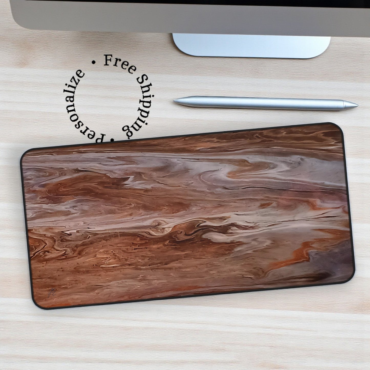 Wooden desk mat with marble pattern on a light wooden surface