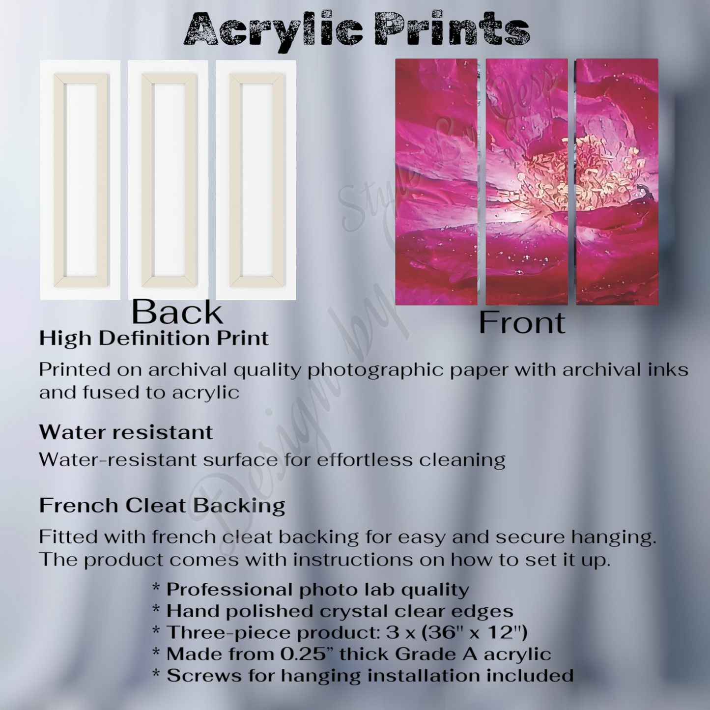 Large Modern Acrylic Wall Art Triptych – Rose Abstract Resin Flower Print – Bedroom, Living Room, Office Décor – Luxury Gift for Art Lovers