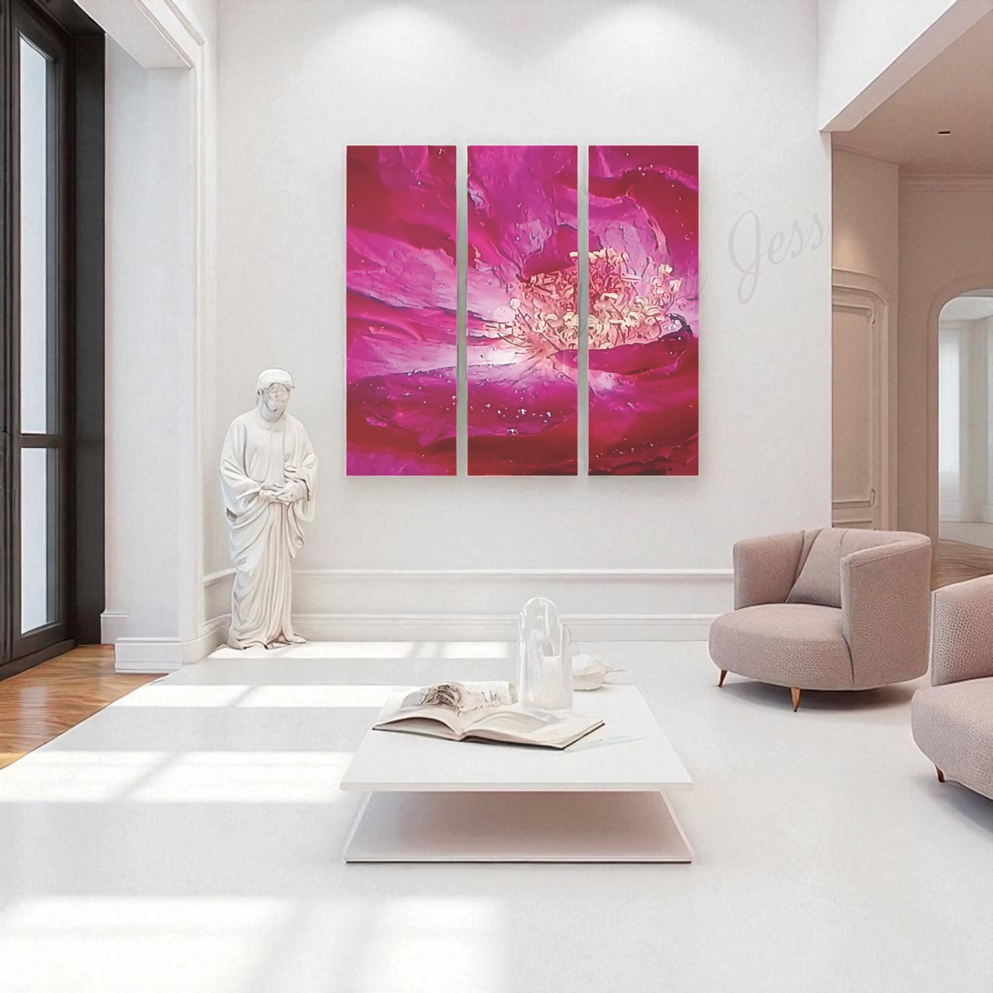 Large Modern Acrylic Wall Art Triptych – Rose Abstract Resin Flower Print – Bedroom, Living Room, Office Décor – Luxury Gift for Art Lovers