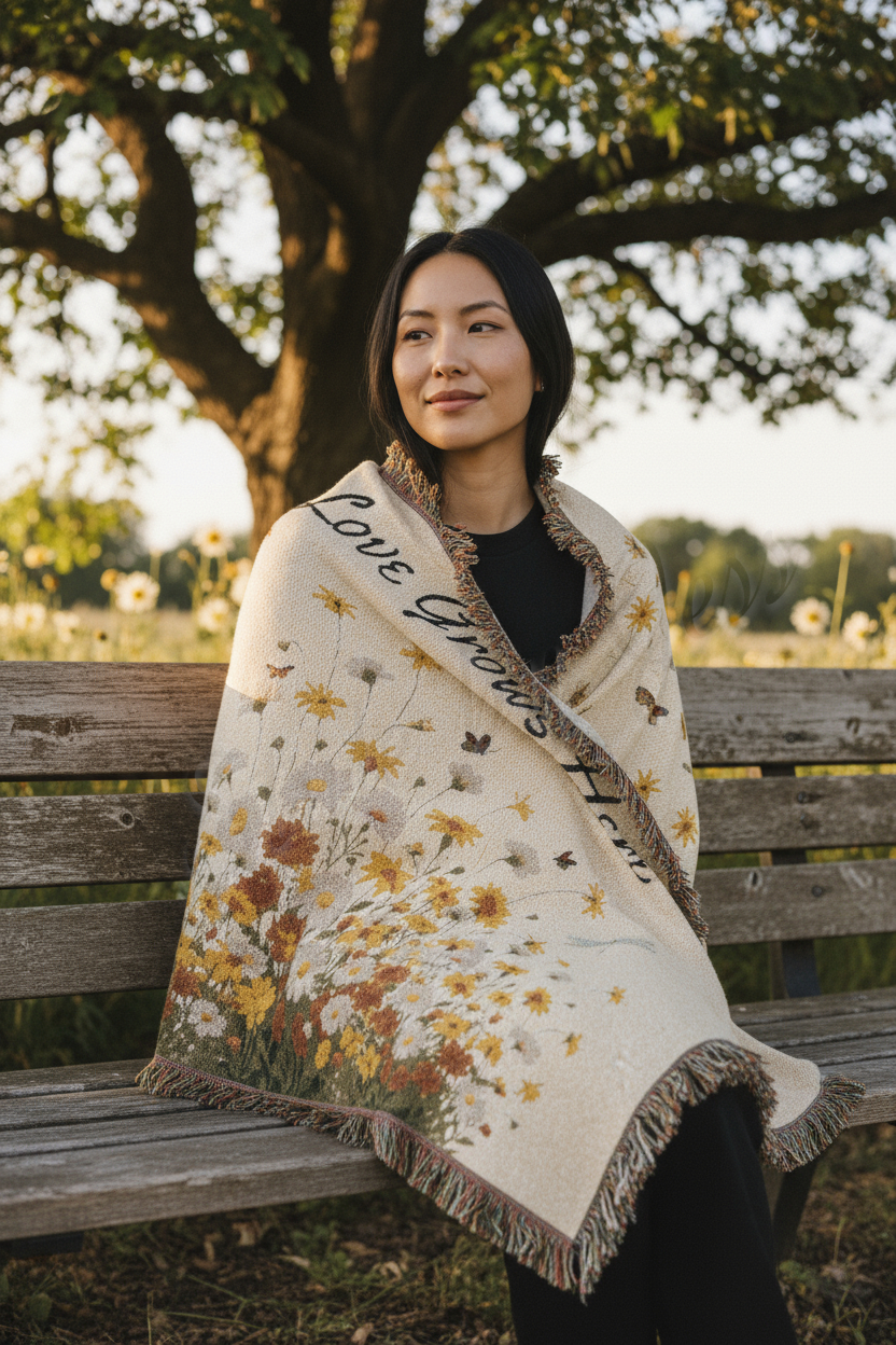 Woman sitting on a bench wearing a floral-patterned shawl with text.